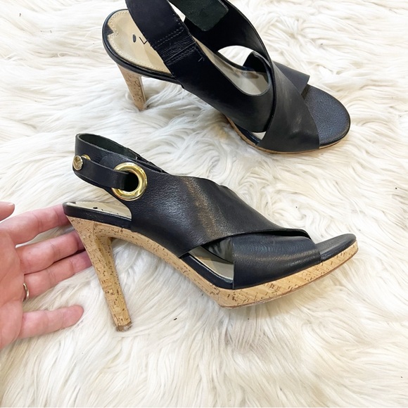 Via Spiga Black Leather Open Toe Cork Heel Onitta Sandals Women’s Size 6.5 - Picture 2 of 10